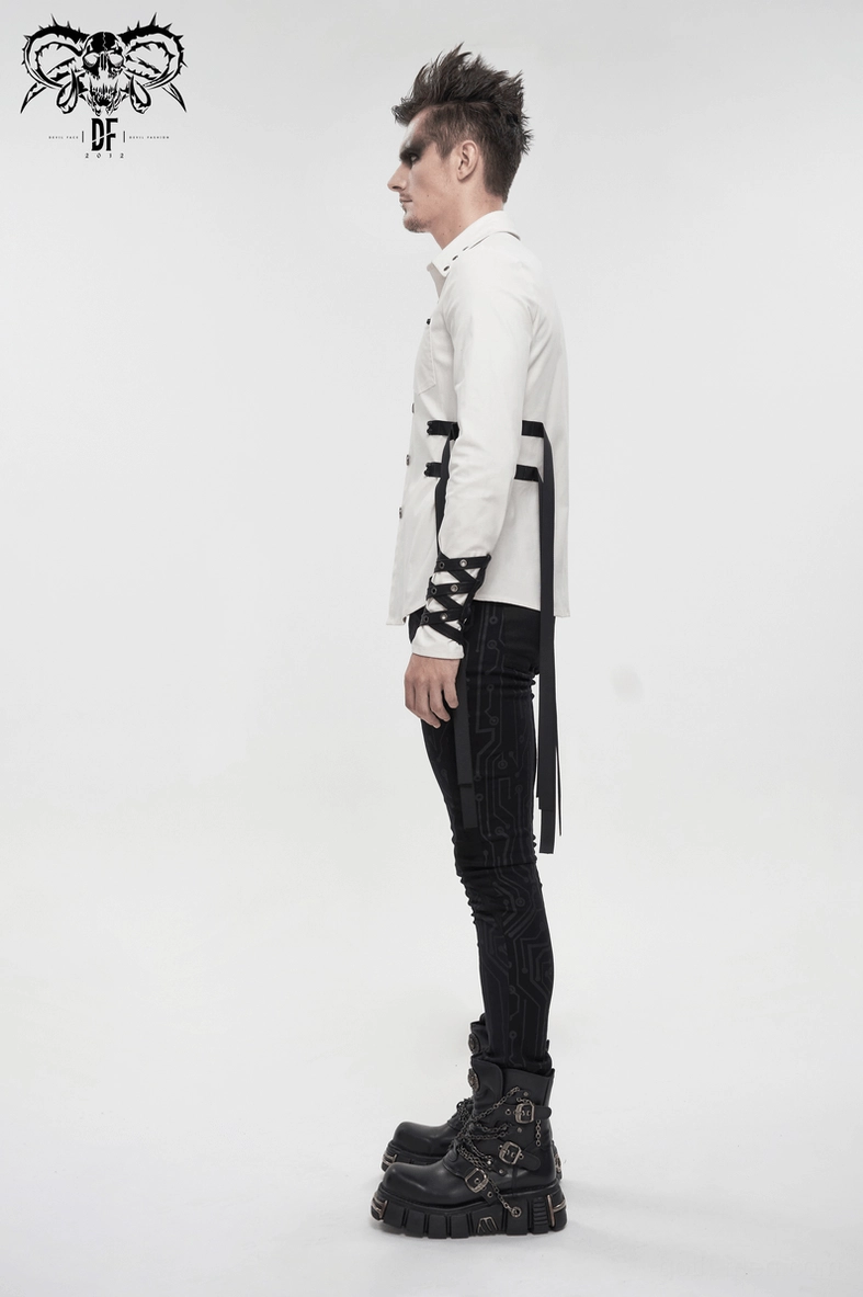 White gothic punk shirt side view showing nylon strap attachment points and metal buckle hardware details