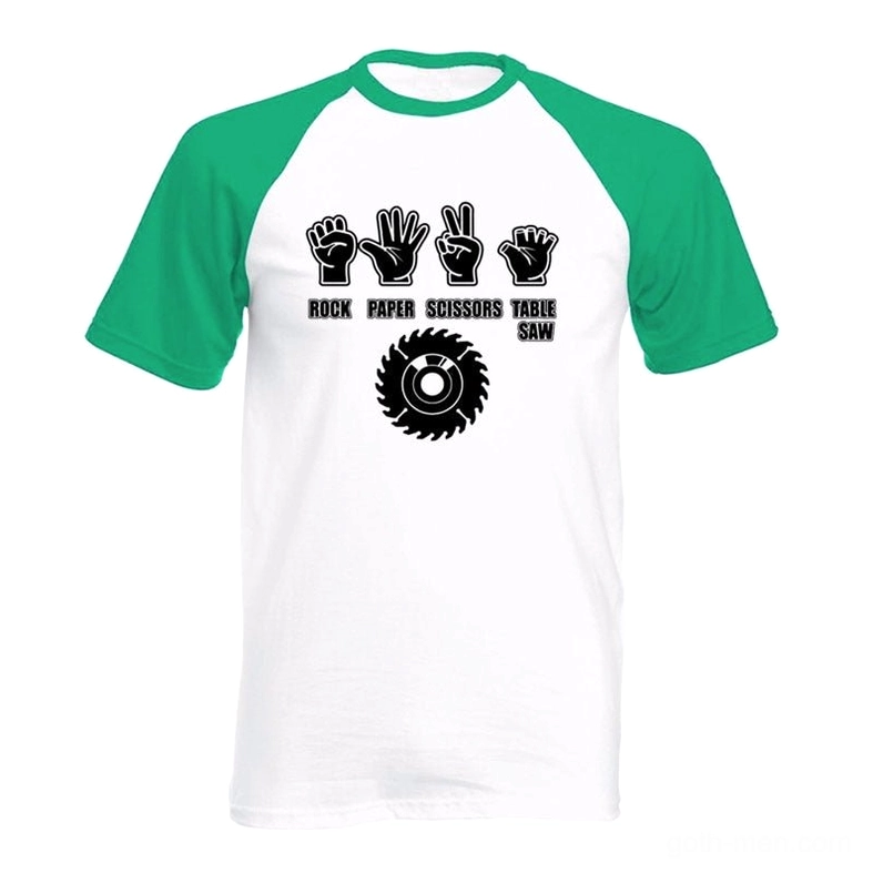 Men's gothic streetwear raglan tee with black table saw graphic on white body, green raglan sleeves, dark humor design