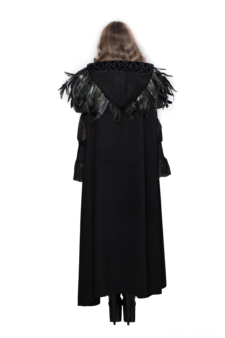Gothic raven shoulder cape iridescent feather detail close-up black-green gradient mystique