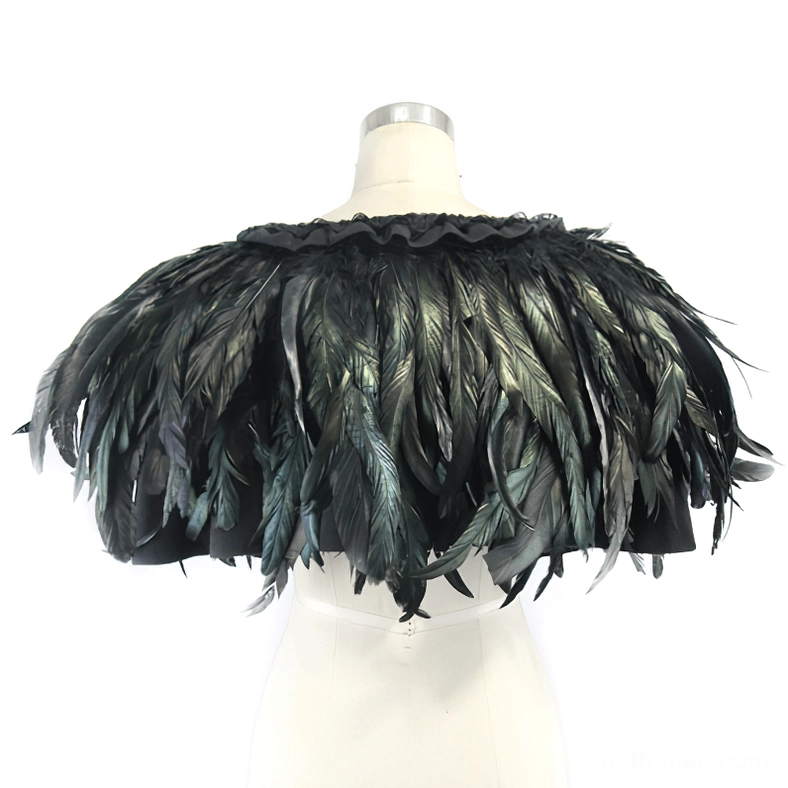Raven feather gothic capelet back view three-quarter angle full feather trim ruffled neckline detail