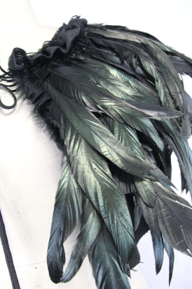 Black raven feather capelet partial side view gradient black-green feathers fluffy layered design