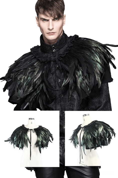 Complete gothic raven feather shoulder cape full product view steampunk drawstring capelet styling