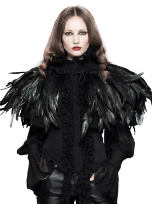 Gothic raven feather shoulder cape front view female model steampunk drawstring capelet black iridescent feathers