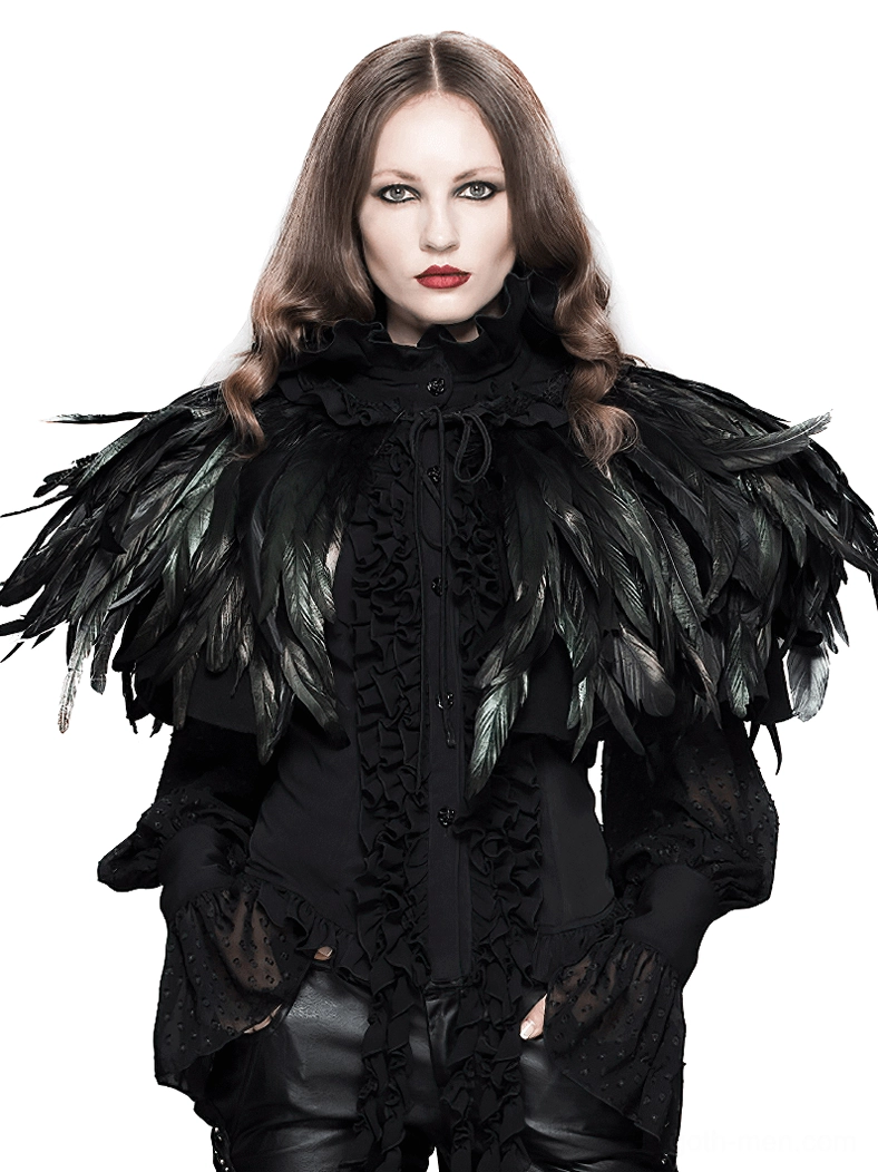 Gothic raven feather shoulder cape front view female model steampunk drawstring capelet black iridescent feathers