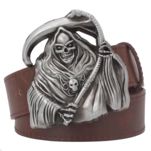 Brown leather punk rock belt with grim reaper skull buckle, overhead styling shot