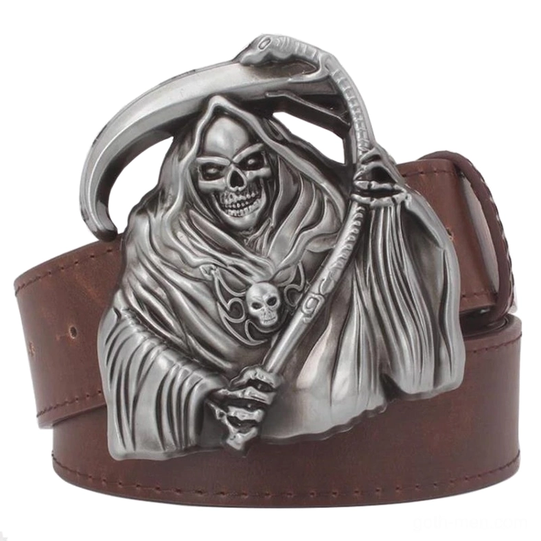 Brown leather punk rock belt with grim reaper skull buckle, overhead styling shot