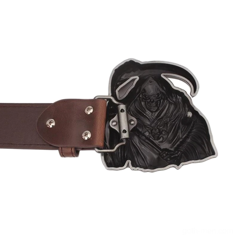 Brown gothic reaper belt buckle reverse angle, punk rock accessory construction
