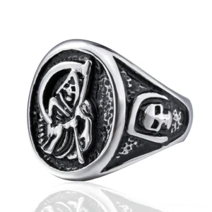 Reaper scythe carved stainless steel gothic signet ring side angle showing detailed engraving and band craftsmanship