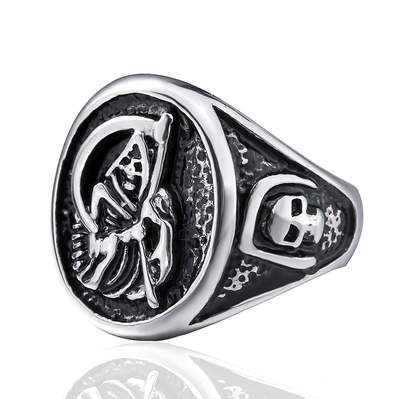 Reaper scythe carved stainless steel gothic signet ring side angle showing detailed engraving and band craftsmanship