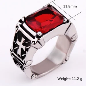 Square red CZ stone detail and cross engraving pattern on 316L stainless steel ring top view