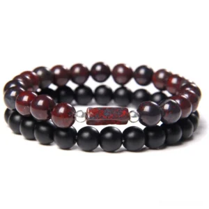 Maroon red stone beads gothic bracelet with black onyx accent - double layer unisex design flat lay