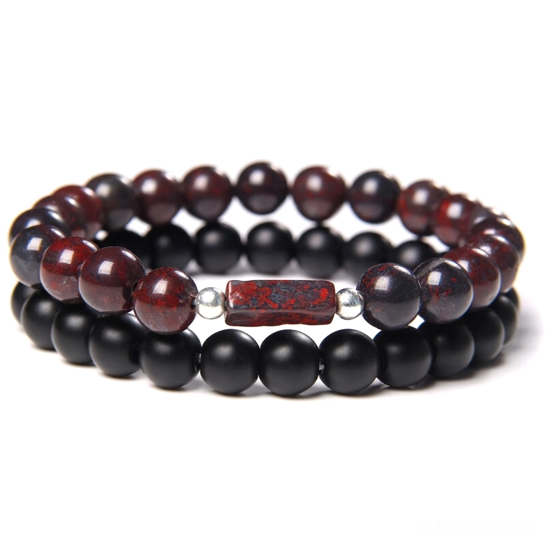 Maroon red stone beads gothic bracelet with black onyx accent - double layer unisex design flat lay