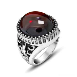 Deep red gothic gemstone ring, stainless steel carved band, vintage aesthetic unisex ring design