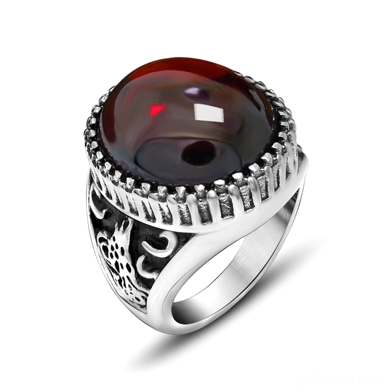 Deep red gothic gemstone ring, stainless steel carved band, vintage aesthetic unisex ring design