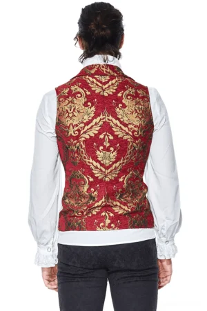 Back view of red gothic waistcoat displaying full jacquard damask gold pattern design