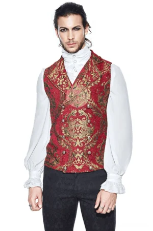 Red gothic brocade waistcoat with golden filigree pattern and double-breasted metal buttons, front view on male model