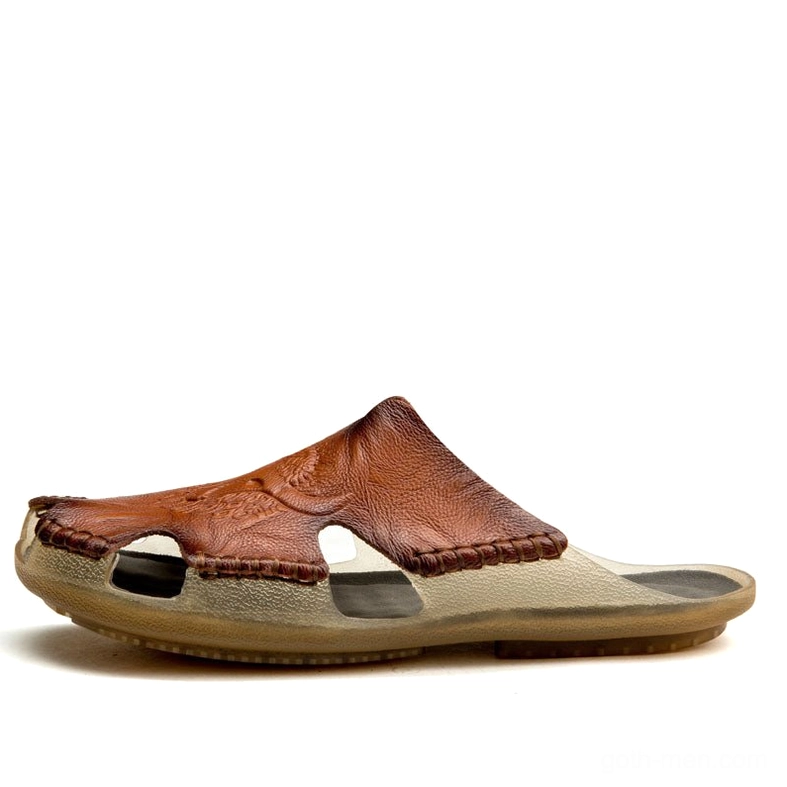 Reddish brown men's gothic leather sandal rear view with cutout side details and non-slip outsole