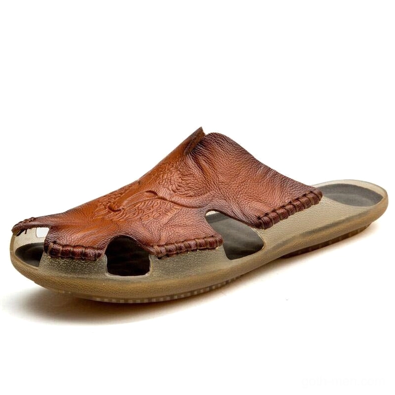 Reddish brown men's gothic leather slide sandal with embossed pattern and cutout toe openings, alternative wear
