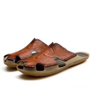 Reddish brown leather gothic sandals with embossed pattern and non-slip translucent outsole, alternative style