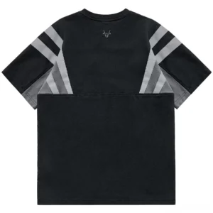 Tactical patchwork tee back view showing striped splicing detail and minimalist logo placement