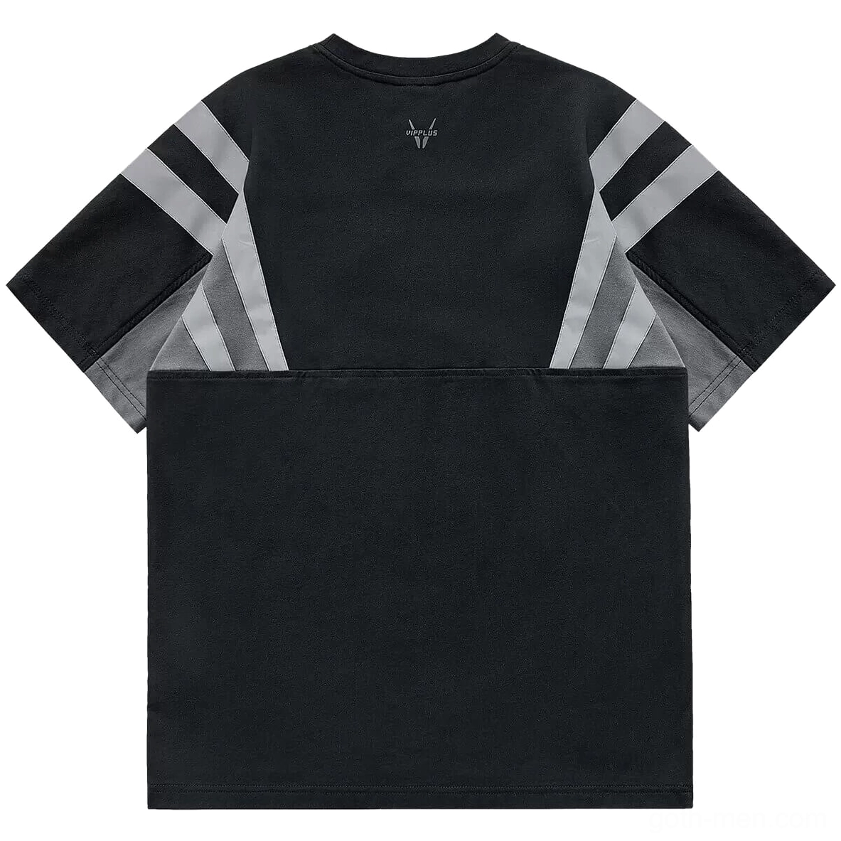 Tactical patchwork tee back view showing striped splicing detail and minimalist logo placement