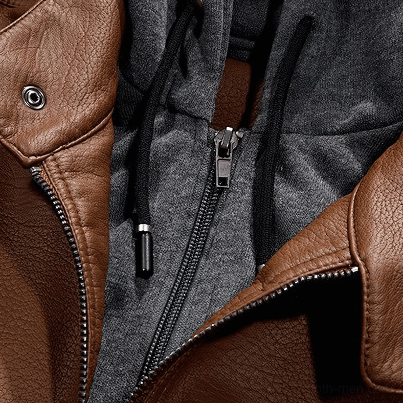 Men's gothic removable hood hooded jacket close-up showing fleece material and attachment system