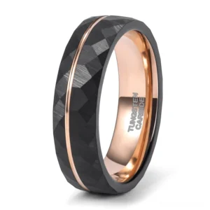 Matte black gothic faceted ring with rose gold interior stripe, side profile close-up detail