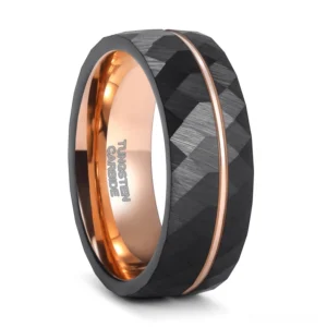 Black tungsten steel rhombus faceted gothic ring with rose gold center accent, front oblique view