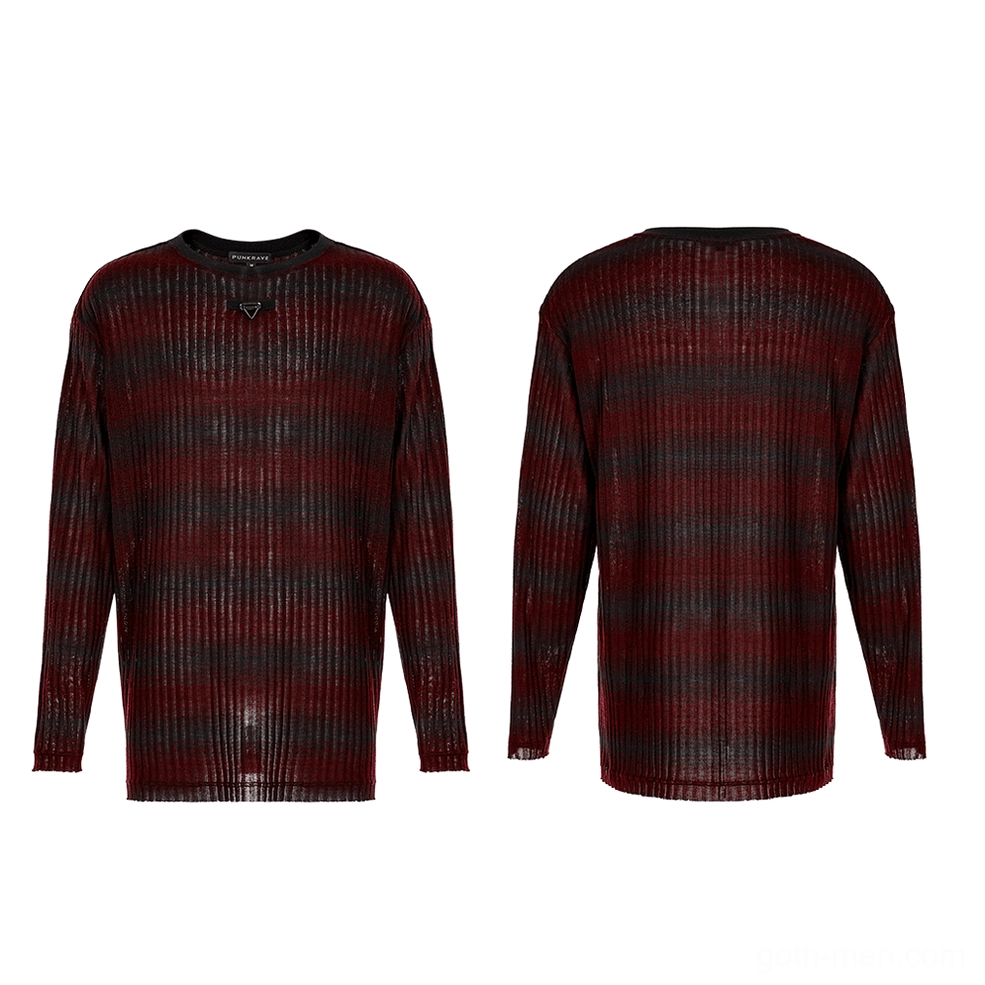 Men's gothic ribbed knit sweater flat lay front view displaying red black horizontal stripes
