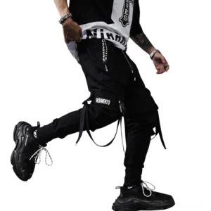 Gothic ribbon cargo pants for men - front side view with ribbon straps and drawstring waist detail