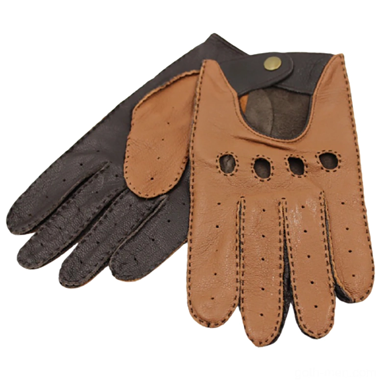 Contrast gothic motorcycle gloves with tan front and dark brown back, perforated ventilation pattern, flat display