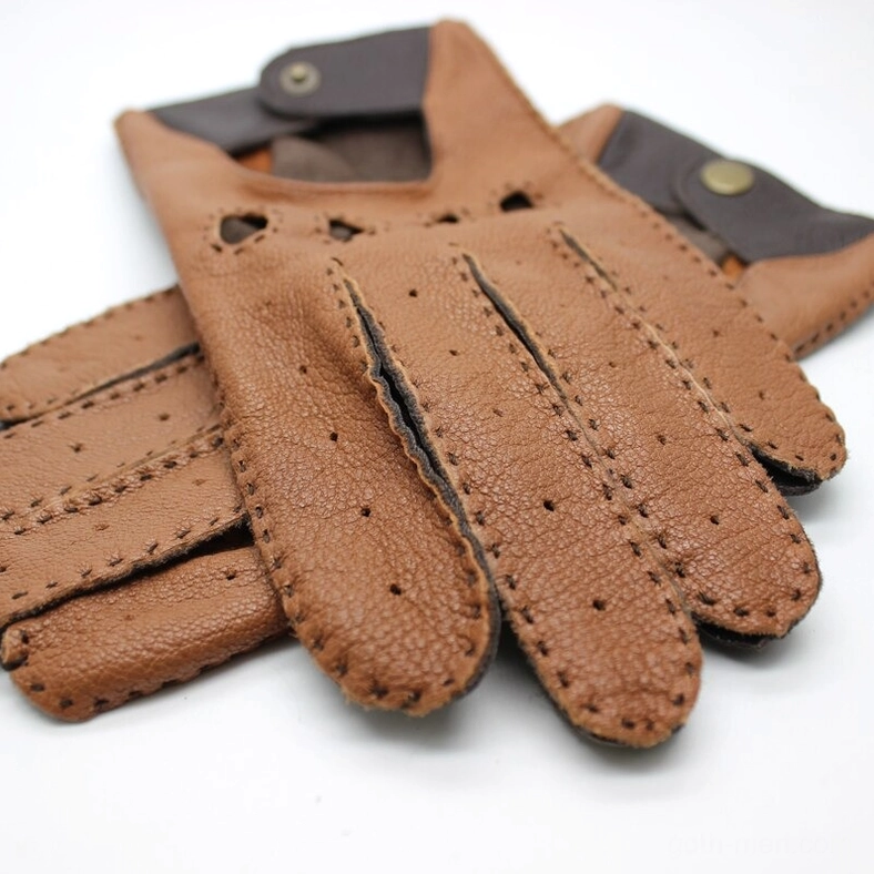 Tan and dark brown gothic leather riding gloves paired display showing neat stitching and perforated ventilation pattern