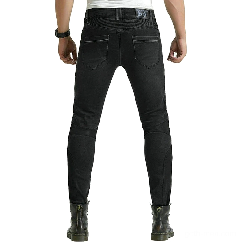 Faded black motorcycle protection denim rear full view with ribbed waistband and reinforced panels