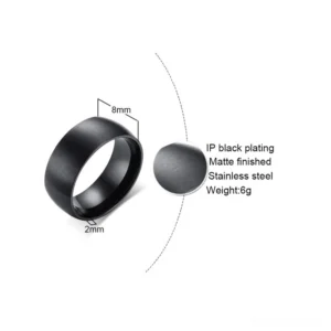 Gothic band ring specifications diagram showing 8mm width 2mm thickness 6g weight measurements