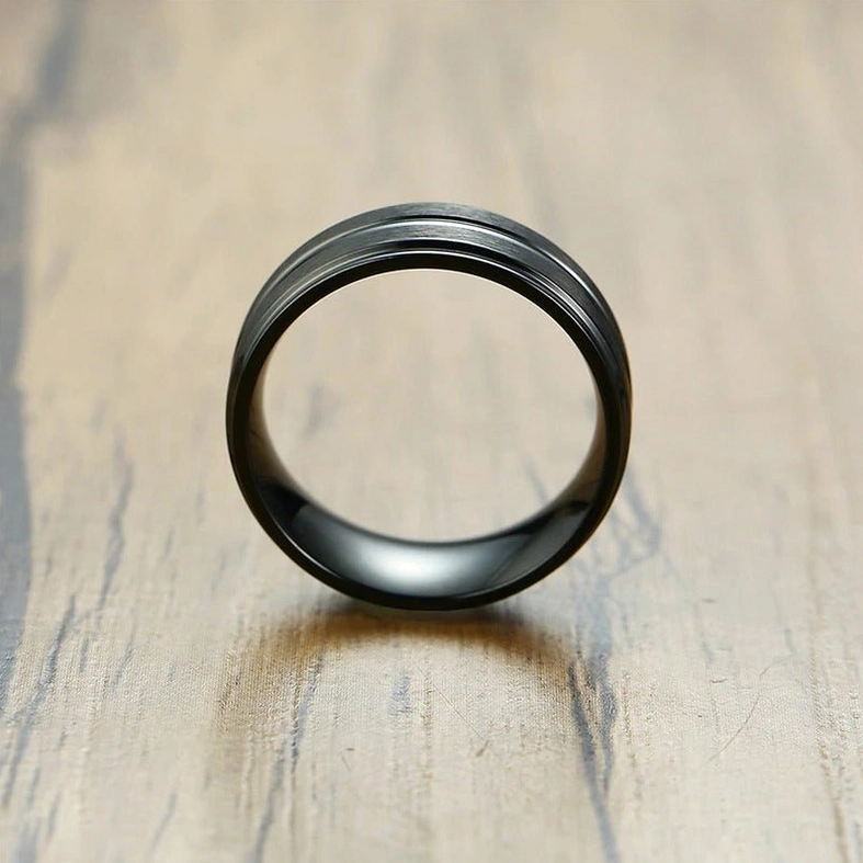 Black gothic groove ring front inner view showing polished interior and grooved outer band detail