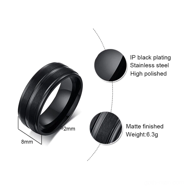 Black stainless steel gothic groove ring technical specifications and dimensions infographic