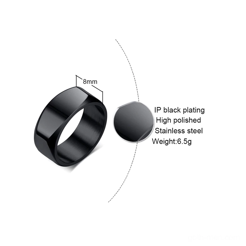 Stainless steel gothic ring specifications showing 8mm band width and technical details, flat lay product specification view