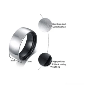 Technical specification infographic for matte stainless steel gothic ring showing 8mm width, measurements, material composition and IP black inner plating details