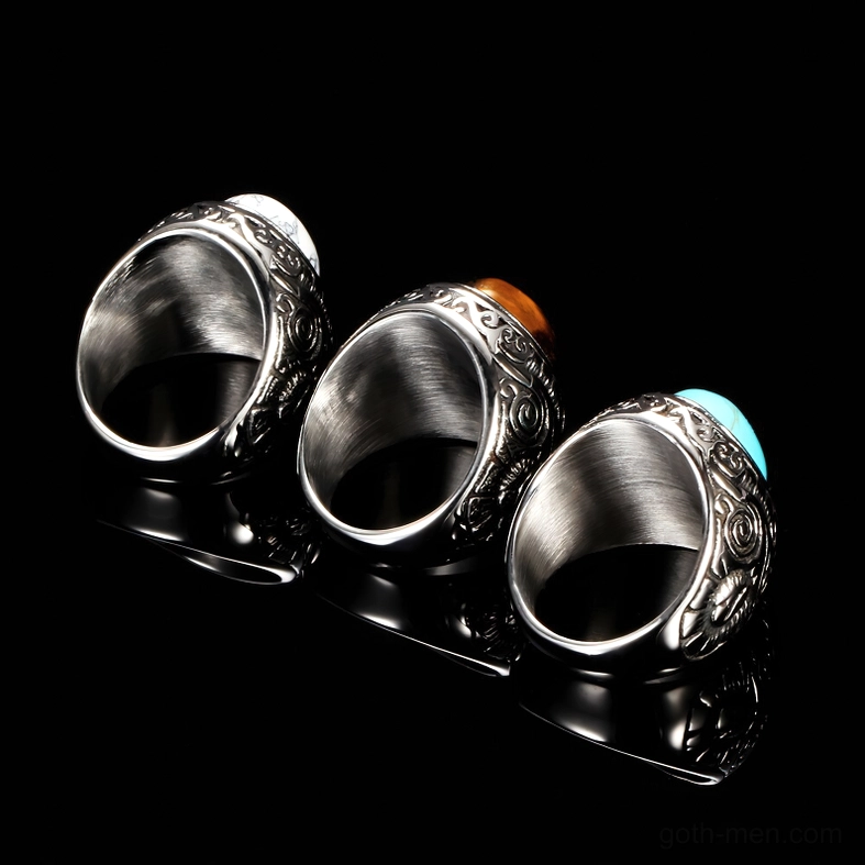Vintage gothic stainless steel rings collection with mixed cracked stones including black, turquoise and white, lifestyle display
