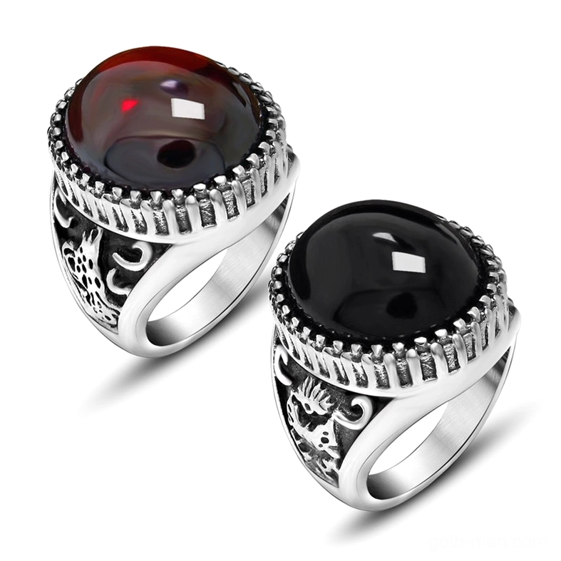 Pair of matching gothic rings black and red stones, stainless steel engraved bands, unisex statement jewelry
