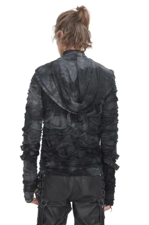 Black tie-dye gothic hoodie back view showing layered ruffled fabric and attached hood with drawstrings