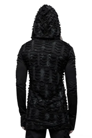 Black gothic distressed hoodie back view showing full ripped texture and attached hood