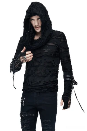 Men's black gothic ripped hoodie with mesh panels, shown on male model with hood up against white studio background