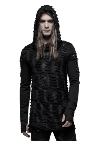 Black ripped gothic hoodie front view with lace-up sleeve detailing and distressed fabric