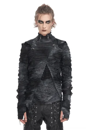 Dark gray gothic ripped hoodie front view with asymmetrical zip collar and distressed fabric detail on male model