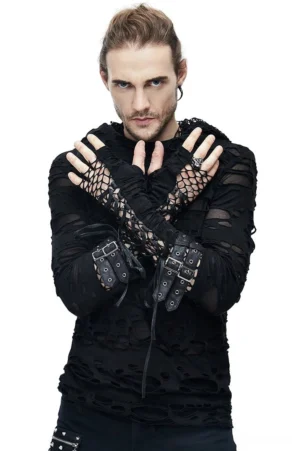 Slim fit black gothic ripped hoodie upper body detail, male model wearing lace-up fingerless gloves