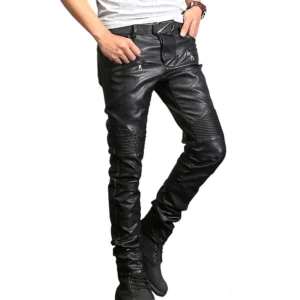 Men's black gothic ripped faux leather moto pants front three-quarter view with knee distressing detail