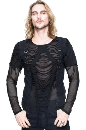 Black gothic ripped mesh long sleeve top for men, front view on model showcasing asymmetrical tears and metal O-ring details with semi-transparent mesh sleeves