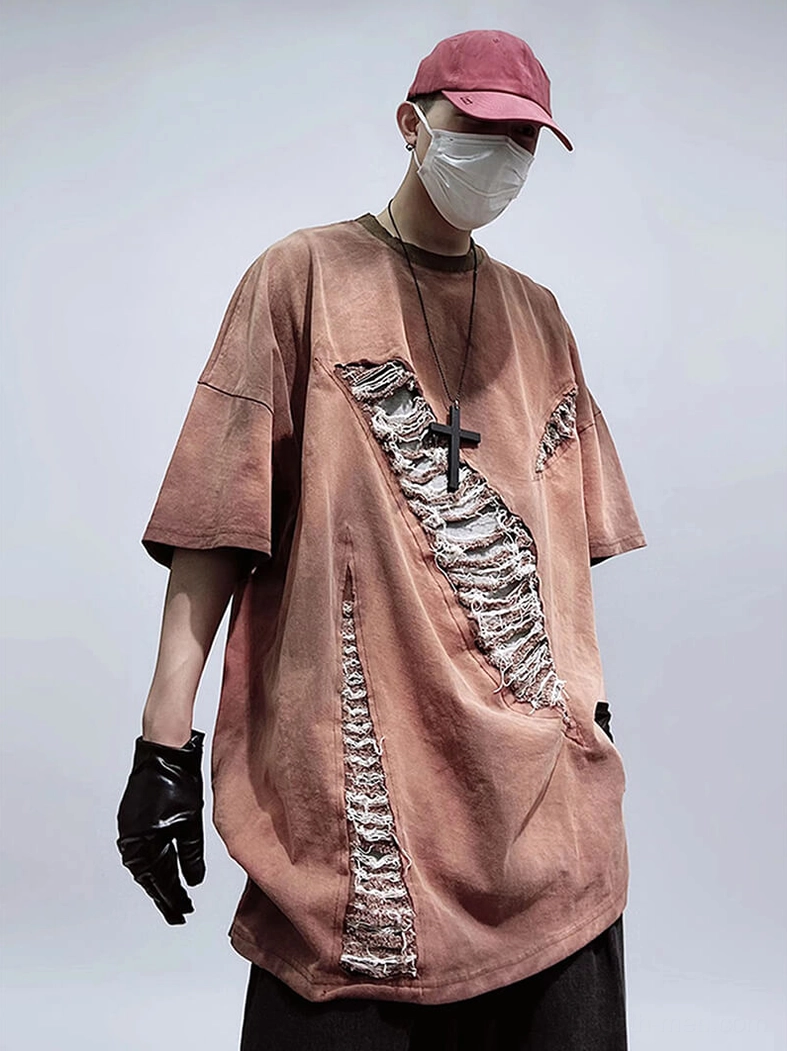 Oxblood reddish brown oversized ripped gothic T-shirt front side view with diagonal frayed patch details