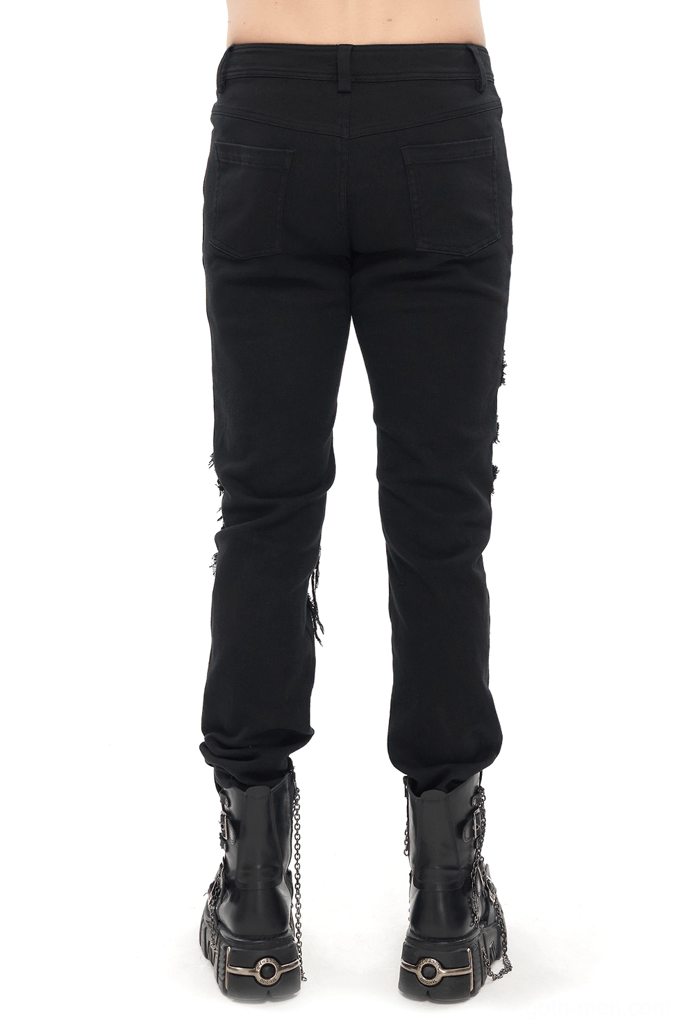 Gothic black distressed pants rear full body view showing ripped leg details worn with platform boots